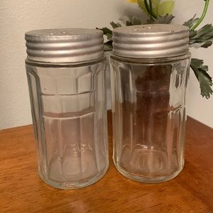 Vintage Large HOOSIER Ribbed Glass Shakers with Tin Closure Lids
